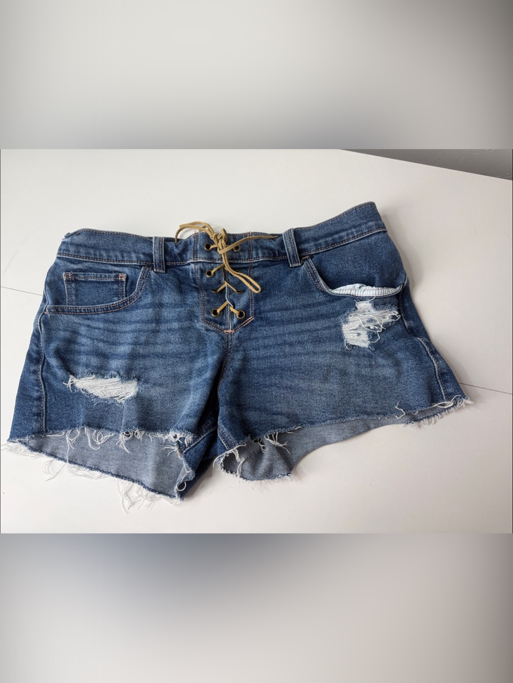 Hollister Lace-Up Distressed Denim Shorts - Blue